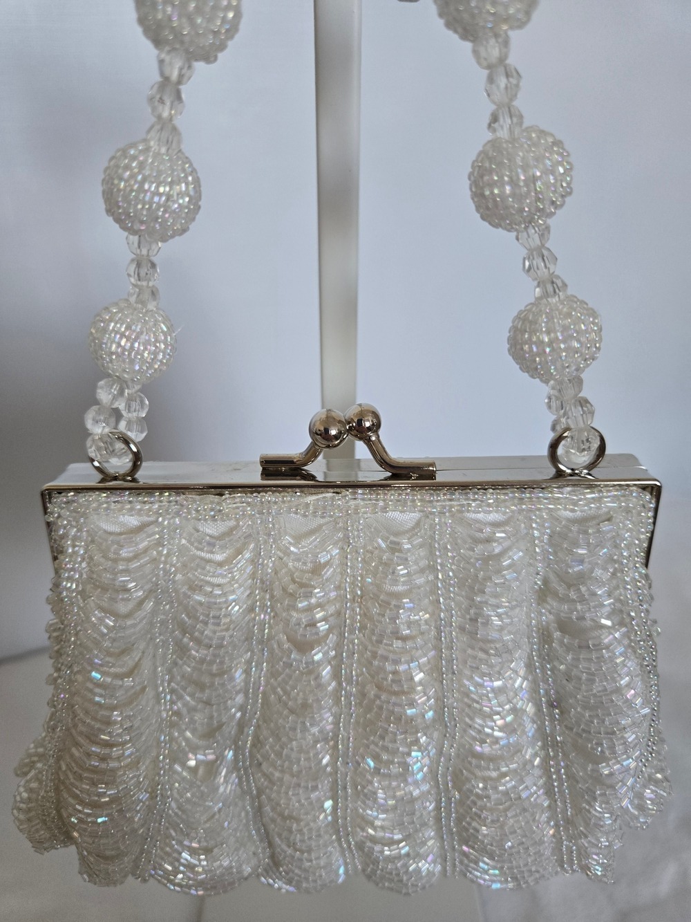 CLUTCH CROSSBODY BAG WHITE BEADED IRIDESCENT BRIDAL WEDDING FORMAL EVENING - Picture 5 of 15